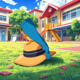 An anime-style illustration of a schoolyard filled with objects, including a retro hat placed stylishly on the ground and a pair of blue knee-high socks neatly folded