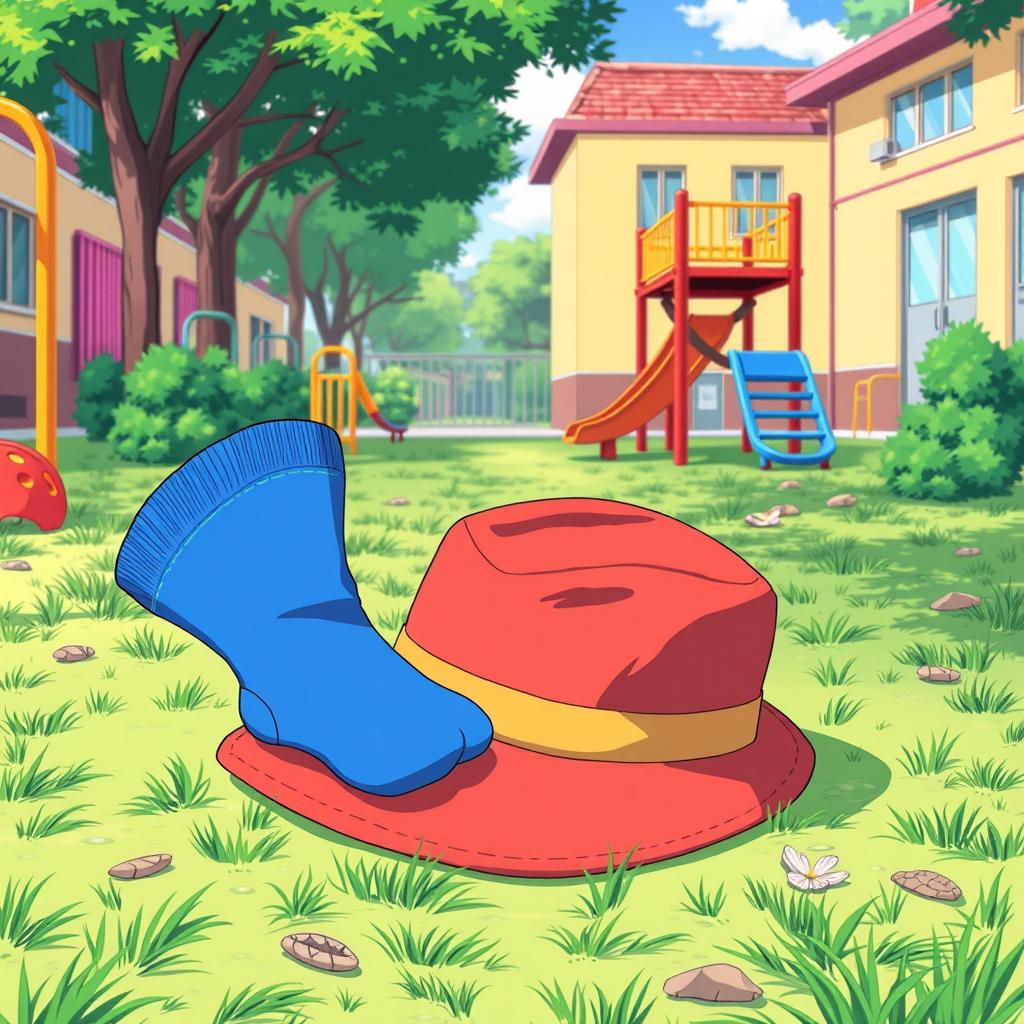 An anime-style illustration of a schoolyard filled with objects, including a retro hat placed stylishly on the ground and a pair of blue knee-high socks neatly folded