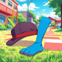 An anime-style illustration of a schoolyard filled with objects, including a retro hat placed stylishly on the ground and a pair of blue knee-high socks neatly folded