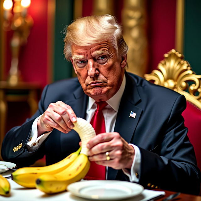 A humorous scene featuring Donald Trump, sporting his signature hairstyle and an animated expression, sitting at a lavish table adorned with gold accents