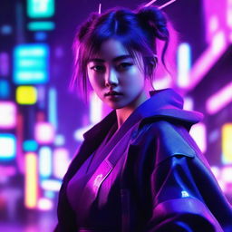 Generate an image of a cute and beautiful young Japanese woman, a skilled samurai, surrounded by the neon purple illumination of a cyberpunk environment