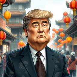 A caricature of a businessman resembling Donald Trump, depicted as a Chinese man with traditional Chinese attire, such as a dark silk suit with intricate dragon patterns