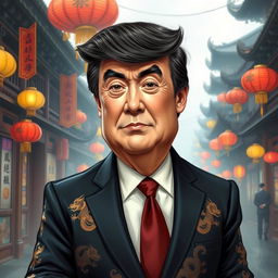 A caricature of a businessman resembling Donald Trump, depicted as a Chinese man with traditional Chinese attire, such as a dark silk suit with intricate dragon patterns