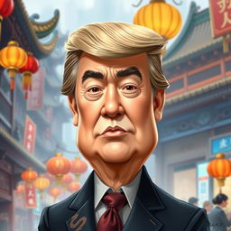 A caricature of a businessman resembling Donald Trump, depicted as a Chinese man with traditional Chinese attire, such as a dark silk suit with intricate dragon patterns