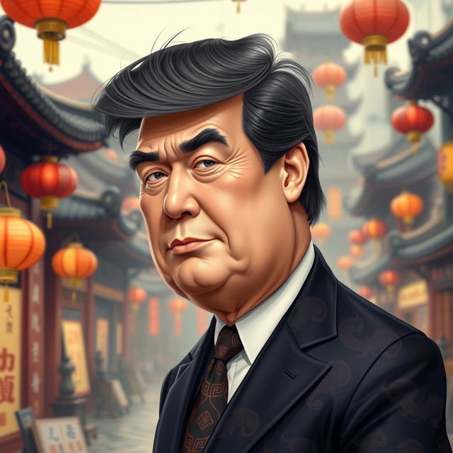 A caricature of a businessman resembling Donald Trump, depicted as a Chinese man with traditional Chinese attire, such as a dark silk suit with intricate dragon patterns