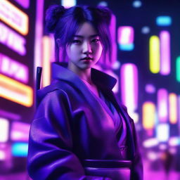 Generate an image of a cute and beautiful young Japanese woman, a skilled samurai, surrounded by the neon purple illumination of a cyberpunk environment