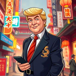 A stylized representation of a Chinese businessman with distinctive features inspired by Donald Trump, showcasing a dynamic blend of traditional Chinese attire and modern business fashion