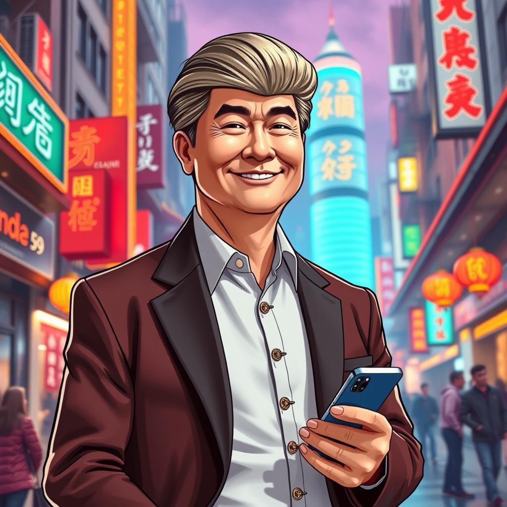 A stylized representation of a Chinese businessman with distinctive features inspired by Donald Trump, showcasing a dynamic blend of traditional Chinese attire and modern business fashion