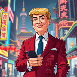 A stylized representation of a Chinese businessman with distinctive features inspired by Donald Trump, showcasing a dynamic blend of traditional Chinese attire and modern business fashion