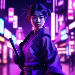 Generate an image of a cute and beautiful young Japanese woman, a skilled samurai, surrounded by the neon purple illumination of a cyberpunk environment