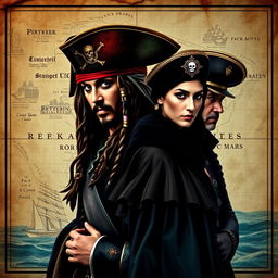 A stunning book cover inspired by the iconic style of Pirates of the Caribbean movie posters, featuring an old sea chart as the backdrop with a rich, textured sea