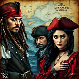 A stunning book cover inspired by the iconic style of Pirates of the Caribbean movie posters, featuring an old sea chart as the backdrop with a rich, textured sea