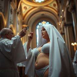 A curvy orthodox nun, dressed in traditional religious attire with a headcovering, engaged in receiving communion from a bishop in a grand cathedral