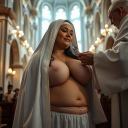 A curvy orthodox nun, dressed in traditional religious attire with a headcovering, engaged in receiving communion from a bishop in a grand cathedral