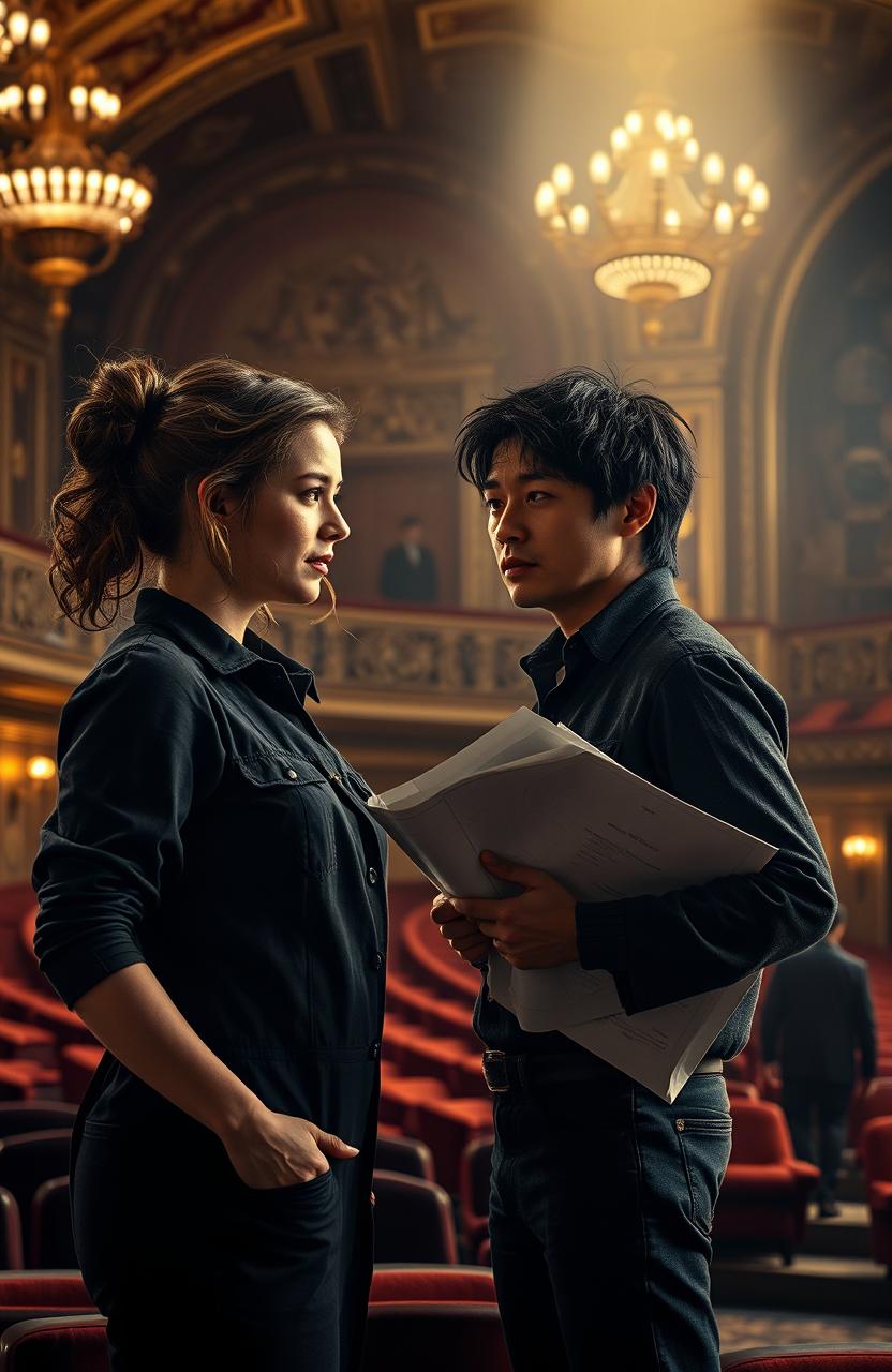 A dramatic scene set in Boston's historic Majestic Theater, showcasing Laura Montgomery, a determined janitor in her late twenties, with wavy brown hair tied back