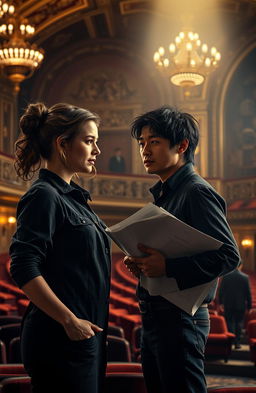 A dramatic scene set in Boston's historic Majestic Theater, showcasing Laura Montgomery, a determined janitor in her late twenties, with wavy brown hair tied back