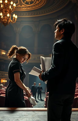 A dramatic scene set in Boston's historic Majestic Theater, showcasing Laura Montgomery, a determined janitor in her late twenties, with wavy brown hair tied back