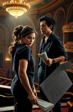 A dramatic scene set in Boston's historic Majestic Theater, showcasing Laura Montgomery, a determined janitor in her late twenties, with wavy brown hair tied back