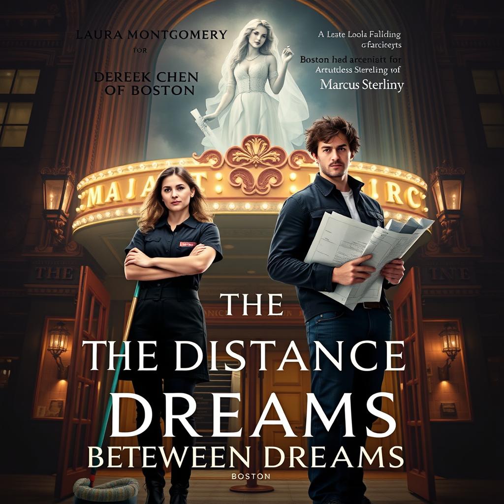 A captivating book cover design for 'The Distance Between Dreams', featuring Laura Montgomery, a determined janitor in her late twenties with wavy brown hair tied back, standing confidently at the entrance of the historic Majestic Theater in Boston