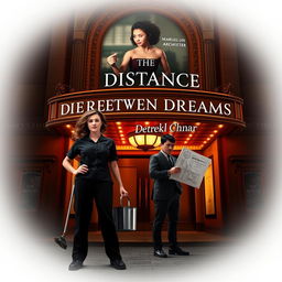 A captivating book cover design for 'The Distance Between Dreams', featuring Laura Montgomery, a determined janitor in her late twenties with wavy brown hair tied back, standing confidently at the entrance of the historic Majestic Theater in Boston