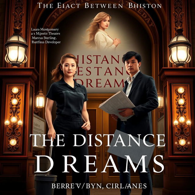 A captivating book cover design for 'The Distance Between Dreams', featuring Laura Montgomery, a determined janitor in her late twenties with wavy brown hair tied back, standing confidently at the entrance of the historic Majestic Theater in Boston