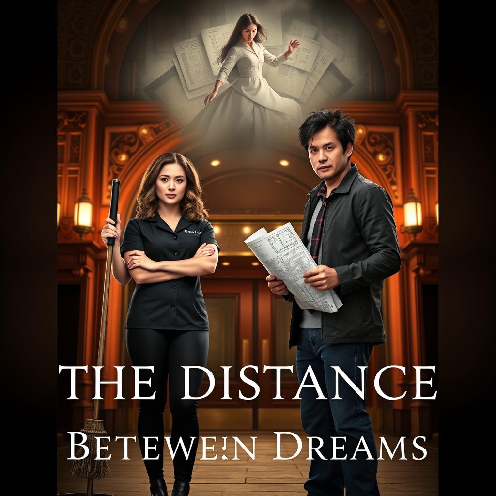 A poignant book cover design for 'The Distance Between Dreams', featuring a determined Laura Montgomery, a janitor in her late twenties with wavy brown hair, dressed in a black janitor uniform, posing confidently at the grand entrance of Boston's historic Majestic Theater