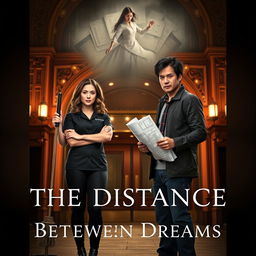 A poignant book cover design for 'The Distance Between Dreams', featuring a determined Laura Montgomery, a janitor in her late twenties with wavy brown hair, dressed in a black janitor uniform, posing confidently at the grand entrance of Boston's historic Majestic Theater