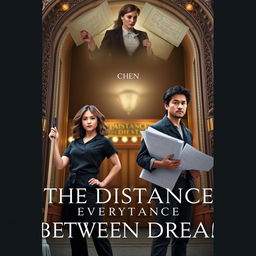 A poignant book cover design for 'The Distance Between Dreams', featuring a determined Laura Montgomery, a janitor in her late twenties with wavy brown hair, dressed in a black janitor uniform, posing confidently at the grand entrance of Boston's historic Majestic Theater