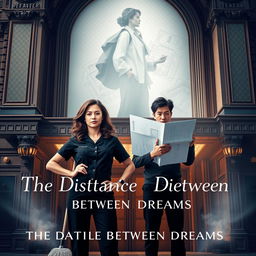 A poignant book cover design for 'The Distance Between Dreams', featuring a determined Laura Montgomery, a janitor in her late twenties with wavy brown hair, dressed in a black janitor uniform, posing confidently at the grand entrance of Boston's historic Majestic Theater