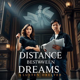 A poignant book cover design for 'The Distance Between Dreams', featuring a determined Laura Montgomery, a janitor in her late twenties with wavy brown hair, dressed in a black janitor uniform, posing confidently at the grand entrance of Boston's historic Majestic Theater