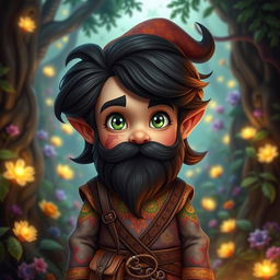 a young fantasy gnome standing in a magical forest, featuring striking green eyes, a dark wavy beard, and flowing dark hair