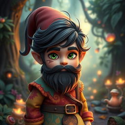 a young fantasy gnome standing in a magical forest, featuring striking green eyes, a dark wavy beard, and flowing dark hair