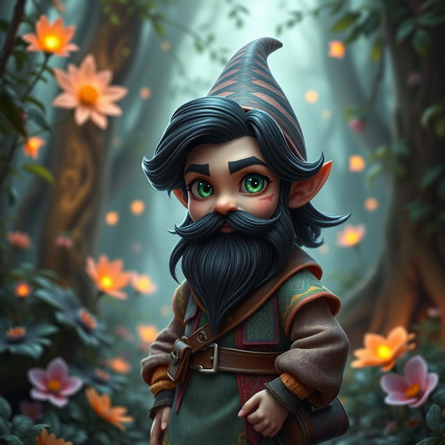 a young fantasy gnome standing in a magical forest, featuring striking green eyes, a dark wavy beard, and flowing dark hair