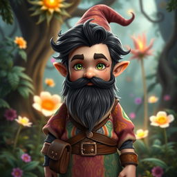 a young fantasy gnome standing in a magical forest, featuring striking green eyes, a dark wavy beard, and flowing dark hair