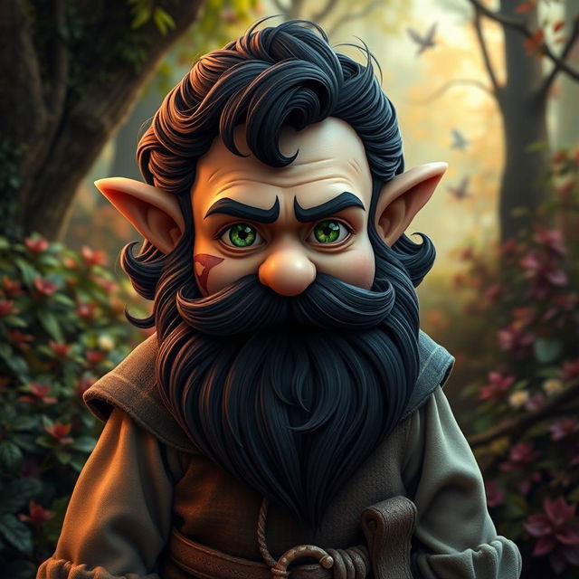 A medieval gnome with striking green eyes, a prominent dark beard, and dark wavy hair