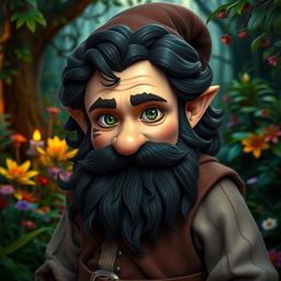 A medieval gnome with striking green eyes, a prominent dark beard, and dark wavy hair