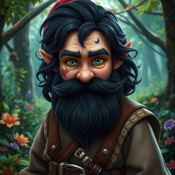 A medieval gnome with striking green eyes, a prominent dark beard, and dark wavy hair