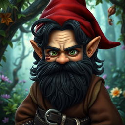 A medieval gnome with striking green eyes, a prominent dark beard, and dark wavy hair