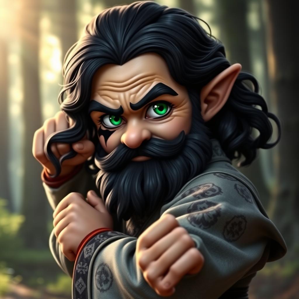 A medieval martial artist gnome with vibrant green eyes, a rugged dark beard, and dark wavy hair