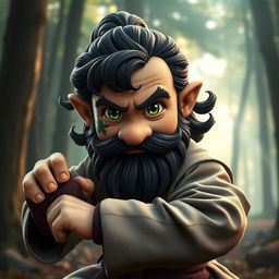 A medieval martial artist gnome with vibrant green eyes, a rugged dark beard, and dark wavy hair
