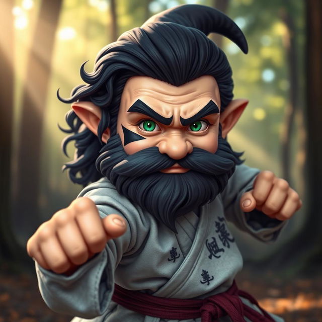 A medieval martial artist gnome with vibrant green eyes, a rugged dark beard, and dark wavy hair