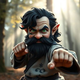 A medieval martial artist gnome with vibrant green eyes, a rugged dark beard, and dark wavy hair