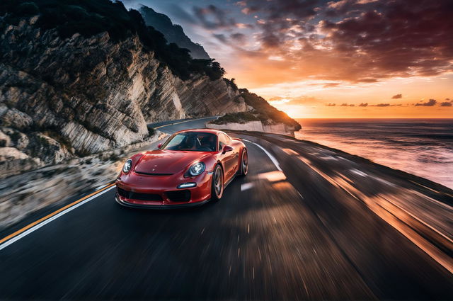 Cinematic photograph of a red Porsche driving on a wet cliffside road at sunset, with ocean below and dramatic sky above.