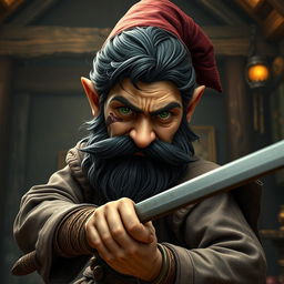 A realistic medieval martial artist gnome with vivid green eyes, a rugged dark beard, and dark wavy hair