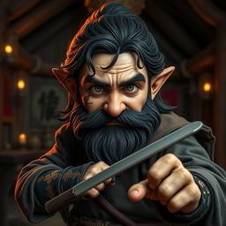 A realistic medieval martial artist gnome with vivid green eyes, a rugged dark beard, and dark wavy hair