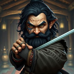 A realistic medieval martial artist gnome with vivid green eyes, a rugged dark beard, and dark wavy hair