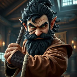 A realistic medieval martial artist gnome with vivid green eyes, a rugged dark beard, and dark wavy hair