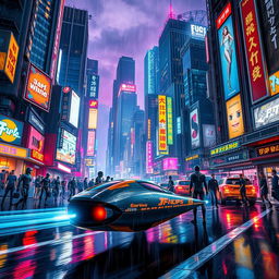 A vibrant cyberpunk cityscape at night, filled with towering skyscrapers adorned with neon lights and holographic advertisements