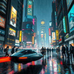 A vibrant cyberpunk cityscape at night, filled with towering skyscrapers adorned with neon lights and holographic advertisements