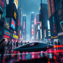 A vibrant cyberpunk cityscape at night, filled with towering skyscrapers adorned with neon lights and holographic advertisements